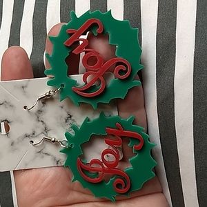 Acrylic Joy Wreath Christmas Earrings 2 x 2 inches Green & Red